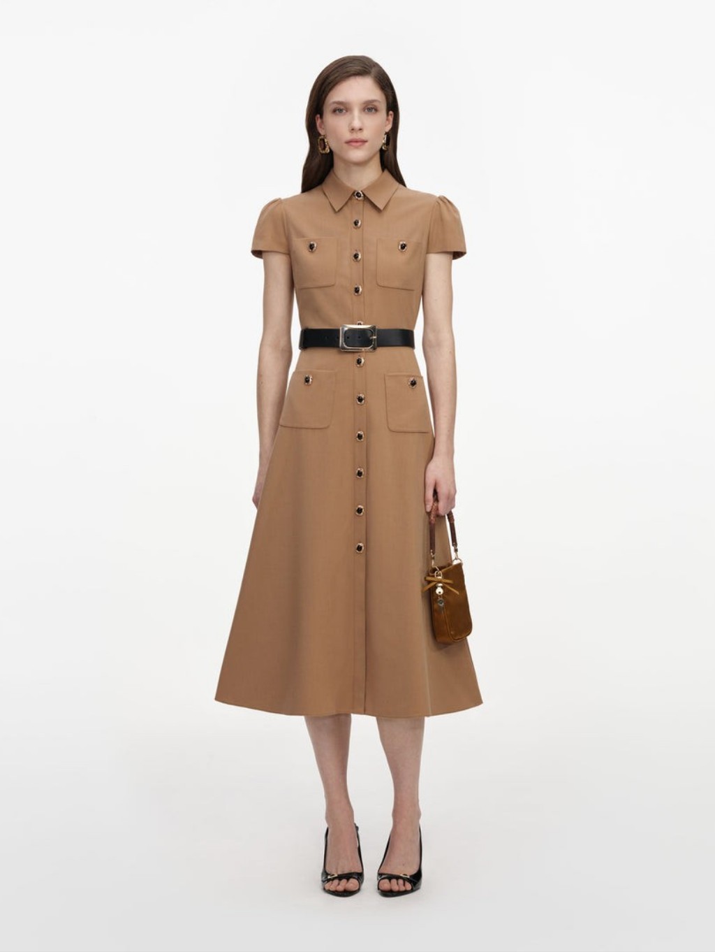 Self Portrait Tan Twill Belted Midi Dress